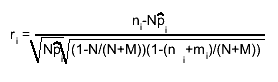 r_{i} = #frac{n_{i}-N#hat{p}_{i}}{#sqrt{N#hat{p}_{i}}#sqrt{(1-N/(N+M))(1-(n_{i}+m_{i})/(N+M))}}