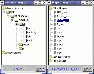 Selection dialogs for different TGeo objects