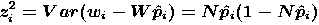 $z_i^2=Var(w_{i}-W\hat{p}_i)=N\hat{p}_i(1-N\hat{p}_i)\biggl(\frac{Ws_i^2}
{\sqrt{(Ns_i^2-w_iW)^2+4W^2s_i^2n_i}}\biggr)^2\\
+\frac{s_i^2}{4}\biggl(1+\frac{Ns_i^2-w_iW}
{\sqrt{(Ns_i^2-w_iW)^2+4W^2s_i^2n_i}}\biggr)^2$
