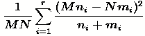 X^2=\sum_{i=1}^{r}{\frac{(n_{i}-N\hat{p}_i)^2}{N\hat{p}_i}}
+\sum_{i=1}^{r}{\frac{(m_{i}-M\hat{p}_i)^2}{M\hat{p}_i}} =\frac{1}{MN} \sum_{i=1}^{r}{\frac{(Mn_i-Nm_i)^2}{n_i+m_i}}