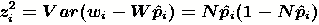 $z_i^2=Var(w_{i}-W\hat{p}_i)=N\hat{p}_i(1-N\hat{p}_i)\biggl(\frac{Ws_i^2}
{\sqrt{(Ns_i^2-w_iW)^2+4W^2s_i^2n_i}}\biggr)^2\\
+\frac{s_i^2}{4}\biggl(1+\frac{Ns_i^2-w_iW}
{\sqrt{(Ns_i^2-w_iW)^2+4W^2s_i^2n_i}}\biggr)^2$