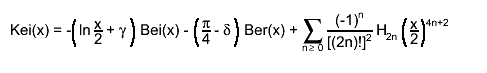Kei(x) = -#left(ln #frac{x}{2} + #gamma#right) Bei(x) - #left(#frac{#pi}{4} - #delta#right) Ber(x) + #sum_{n #geq 0} #frac{(-1)^{n}}{[(2n)!]^{2}} H_{2n} #left(#frac{x}{2}#right)^{4n+2}