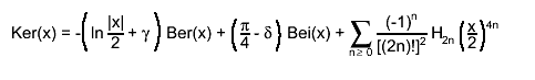 Ker(x) = -#left(ln #frac{|x|}{2} + #gamma#right) Ber(x) + #left(#frac{#pi}{4} - #delta#right) Bei(x) + #sum_{n #geq 0} #frac{(-1)^{n}}{[(2n)!]^{2}} H_{2n} #left(#frac{x}{2}#right)^{4n}