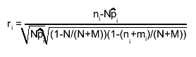r_{i} = #frac{n_{i}-N#hat{p}_{i}}{#sqrt{N#hat{p}_{i}}#sqrt{(1-N/(N+M))(1-(n_{i}+m_{i})/(N+M))}}