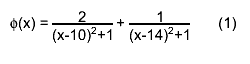 #phi(x) = #frac{2}{(x-10)^{2}+1} + #frac{1}{(x-14)^{2}+1}       (1)