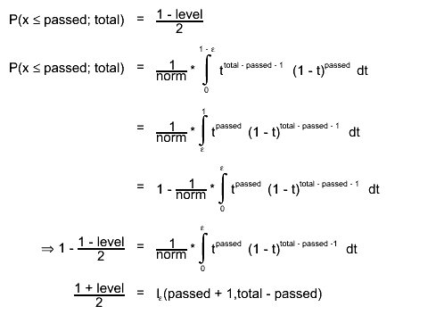 P(x #leq passed; total) = #frac{1 - level}{2}