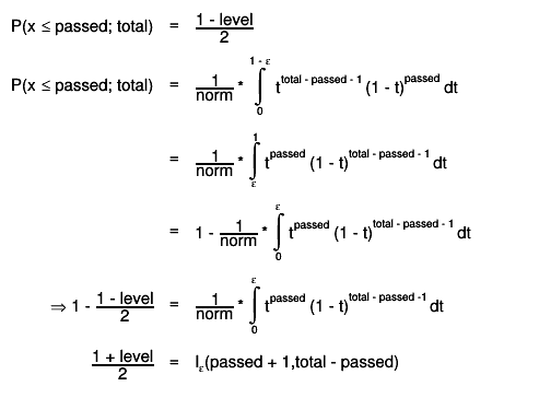 P(x #leq passed; total) = #frac{1 - level}{2}