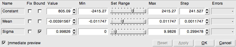 The ROOT set parameters panel